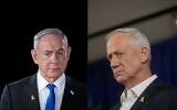 À gauche : le Premier ministre Benjamin Netanyahu, le 12 mai 2024 ; à droite : le ministre Benny Gantz, le 18 mai 2024, sur un montage. (Crédit : Yonatan Sindel ; Miriam Alster/Flash90)