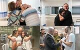 Les quatre otages israéliens secourus réunis avec leur famille après leur libération de la captivité du Hamas à Gaza, le 8 juin 2024. En haut à gauche : Almog Meïr Jan avec ses parents, Noa Argamani avec son père ; en bas, de gauche à droite : Shlomo Ziv retrouvant sa sœur et sa cousine, Andrey Kozlov rencontrant le Premier ministre Benjamin Netanyahu. (Crédit : Forum des familles des otages et disparus ; Maayan Toaf/Bureau du Premier ministre)