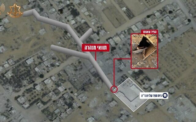 Infographie d’un réseau de tunnels du Hamas dans le sud de Gaza, à Rafah, à côté d'une école de l'UNRWA, publiée le 30 juin 2024. (Crédit : Armée israélienne)