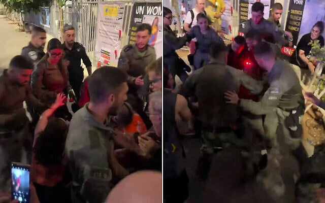 La police interpelle violemment un médecin qui portait assistance médicale à un manifestant anti-gouvernement blessé lors d'un rassemblement à Tel Aviv, le 8 juin 2024. (Réseaux sociaux/X. Utilisé conformément à l'article 27a de la loi sur les droits d'auteur) La police interpelle violemment un médecin qui portait assistance médicale à un manifestant anti-gouvernement blessé lors d'un rassemblement à Tel Aviv, le 8 juin 2024. (Réseaux sociaux/X. Utilisé conformément à l'article 27a de la loi sur les droits d'auteur)