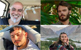 Les 4 otages sauvés lors d'une opération de sauvetage dans la bande de Gaza le 8 juin : Shlomi Ziv (en haut à gauche), Andrey Kozlov (en haut à droite), Almog Meïr Jan (en bas à gauche) et Noa Argamani. (Crédit : Autorisation)