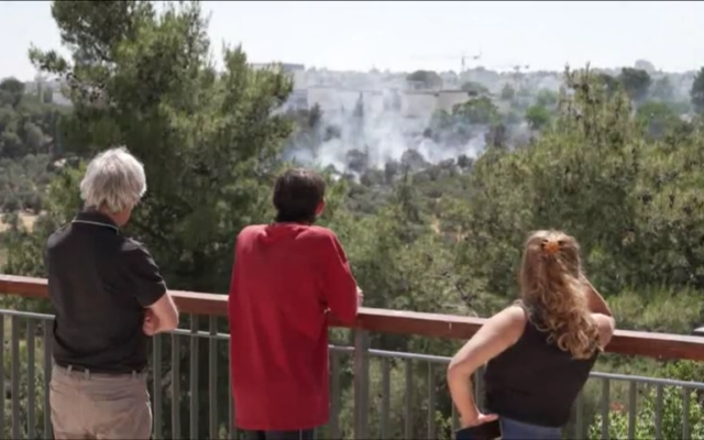 Des pompiers éteignant un incendie à proximité du Musée d'Israël, à Jérusalem, le 2 juin 2024. (Crédit : Kadir Demir/AFPTV/AFP) Des pompiers éteignant un incendie à proximité du Musée d'Israël, à Jérusalem, le 2 juin 2024. (Crédit : Kadir Demir/AFPTV/AFP)