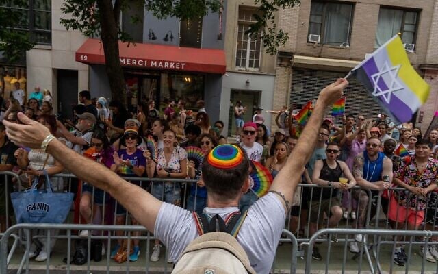Un partisan d'Israël participe à la Pride de la ville de New York, le 30 juin 2024. (Crédit : Adam GRAY / AFP)
