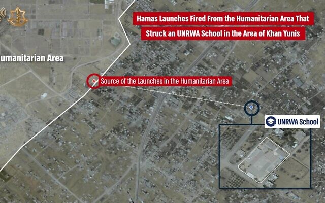 L'infographie montrant l'emplacement d'une école de l'UNRWA touchée par des roquettes du Hamas, à Khan Younès, le 24 juillet 2024. (Crédit : Armée israélienne)