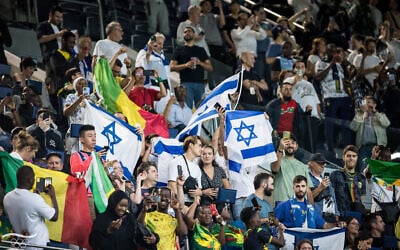 Les supporters d'Israël et du Mali arborant leurs drapeaux lors du match du groupe D masculin pendant les Jeux olympiques d'été de 2024, au Parc des Princes, à Paris, le 24 juillet 2024. (Crédit : Comité olympique israélien)