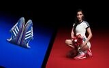 Une nouvelle campagne d'Adidas mettant en scène le mannequin Bella Hadid portant une réédition des chaussures des Jeux olympiques de Munich de 1972. (Crédit : Adidas/Conception par Jackie Hajdenberg via JTA)