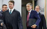 Björn Höcke, co-dirigeant du parti d'extrême-droite Alternative pour l'Allemagne (AfD) dans l'Etat fédéral de Thuringe (est) et ses avocats Ralf Hornemann (à droite) et Florian Gempe ( 2e à gauche) arrivant dans la salle d'audience lors du troisième jour de son procès, à Halle an der Saale, dans l'est de l'Allemagne, le 01 juillet 2024. (Crédit : Jens Schlueter/POOL/AFP)