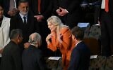 Sara Netanyahu lors du discours de son époux, le Premier ministre Benjamin Netanyahu, lors d'une réunion conjointe du Congrès, au Capitole américain, à Washington, le 24 juillet 2024. (Crédit : Drew Angerer/AFP)