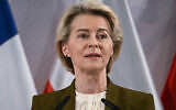 La présidente de la Commission européenne, Ursula von der Leyen, s'exprimant à l'hôtel de ville de Muenster, en Allemagne, le 28 mai 2024. (Crédit : Jana Rodenbusch/Pool Photo via AP)