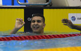 Le nageur palestinien Yazan Al Bawwab pendant les éliminatoires du 100m nage libre masculin aux Championnats du monde de natation à Fukuoka, au Japon, le 26 juillet 2023. (Crédi : Lee Jin-man/AP)