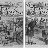 Deux couvertures du magazine satirique "Puck" mettant en scène Mme Mandelbaum. À gauche (été 1884) : La querelle publique entre le procureur Olney et l'inspecteur de police Byrnes. Au centre, une caricature ouvertement antisémite de Mme Mandelbaum parée de bijoux. À droite (1885) : Mme Mandelbaum, en sécurité du côté canadien de la 'barrière' pour les mauvais payeurs américains". (Crédit : Domaine public)