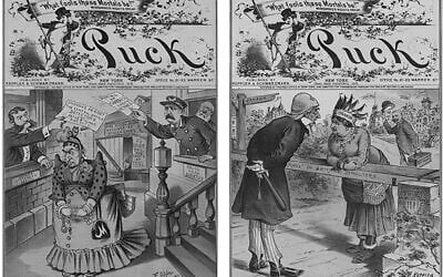Deux couvertures du magazine satirique "Puck" mettant en scène Mme Mandelbaum. À gauche (été 1884) : La querelle publique entre le procureur Olney et l'inspecteur de police Byrnes. Au centre, une caricature ouvertement antisémite de Mme Mandelbaum parée de bijoux. À droite (1885) : Mme Mandelbaum, en sécurité du côté canadien de la 'barrière' pour les mauvais payeurs américains". (Crédit : Domaine public)