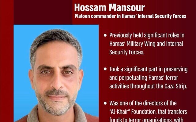 Un graphique montrant Hossam Mansour, membre des forces de sécurité interne du Hamas, qui, selon l'armée israélienne, a été tué lors d'une frappe aérienne le 12 juillet 2024. (Crédit : Armée israélienne)