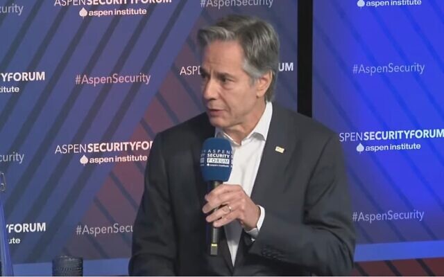 Le secrétaire d'État américain Antony Blinken au Forum sur la sécurité d'Aspen (Colorado), le 19 juillet 2024. (Crédit : Capture d'écran/YouTube) Le secrétaire d'État américain Antony Blinken au Forum sur la sécurité d'Aspen (Colorado), le 19 juillet 2024. (Crédit : Capture d'écran/YouTube)