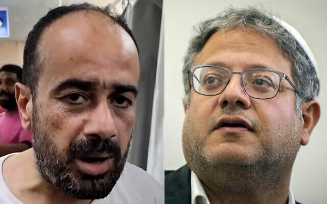 Mohammad Abu Salmiya (à gauche), directeur de l'hôpital Shifa de Gaza, s'exprimant après sa libération par Israël, le 1er juillet 2024 ; le ministre de la Sécurité nationale Itamar Ben Gvir (à droite) lors d'une audience au tribunal de Jérusalem, le 2 juillet 2024. (Crédit : Capture d'écran vidéo ; Chaïm Goldberg/Flash90)