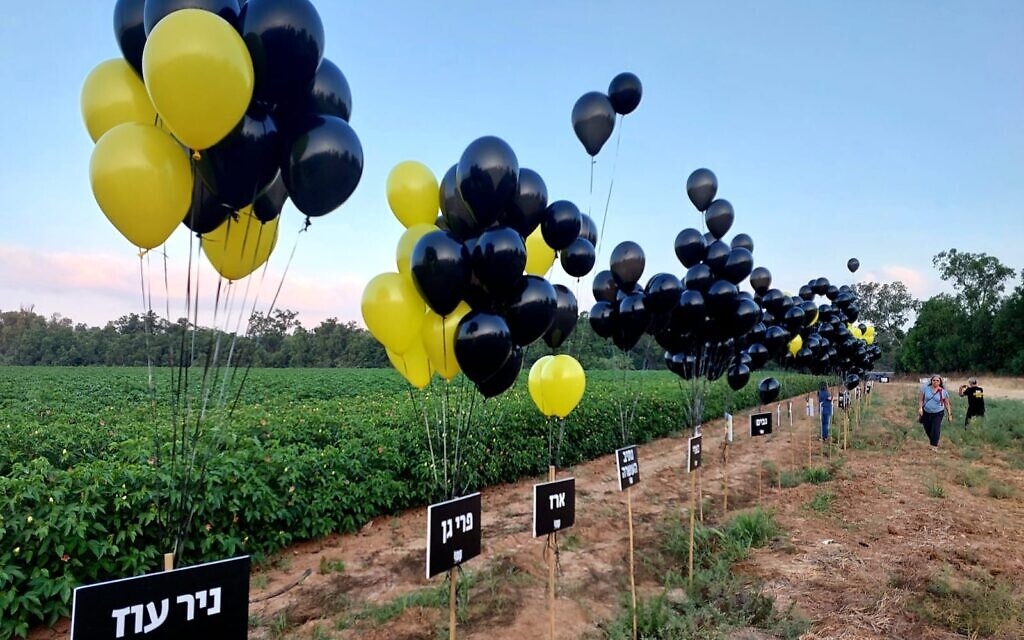 Des militants lâchant des ballons noirs et jaunes pour marquer les neuf mois qui se sont écoulés depuis le pogrom du 7 octobre, au kibboutz Or Haner, dans le Néguev occidental, le 7 juillet 2024. (Crédit : Idit Avishaï/Mouvement pour la démocratie)