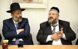 Le chef du Shas, Aryeh Deri (à gauche), et son frère, le grand rabbin de Beer Sheva, Yehuda Deri. (Crédit : Yaakov Cohen)