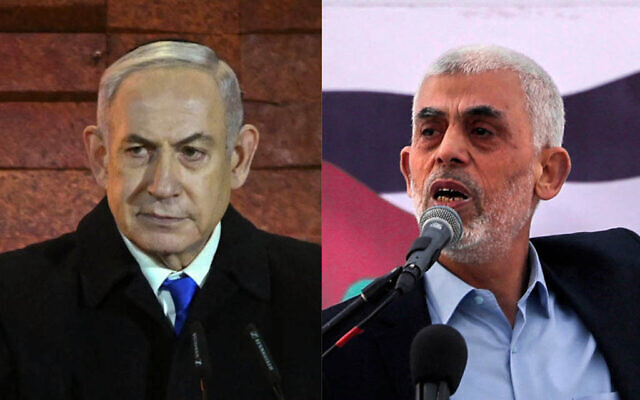 Le Premier ministre Benjamin Netanyahu lors de la cérémonie de commémoration de la Shoah à Yad Vashem, à Jérusalem, le 5 mai 2024 ; Yahya Sinwar, chef du Hamas dans la bande de Gaza, s'exprimant lors d'un rassemblement à l'occasion de la Journée d'Al-Qods, à Gaza City, le 14 avril 2023. (Crédit : Kobi Gideon/GPO ; Mohammed Abed/AFP)