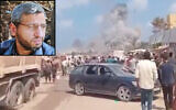 Une frappe aérienne israélienne dans le sud de Gaza, à Khan Younès, le 13 juillet 2024 ; en médaillon : le chef de l'aile armée du Hamas, Mohammed Deif, sur une photo non datée révélée en janvier 2024 (Crédit : Capture d'écran ; utilisée conformément à la clause 27a de la loi sur le droit d'auteur ; Armée israélienne)