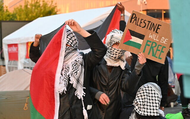 Des manifestants anti-israéliens se cachent d'un photographe sur le campus de l'université Erasmus de Rotterdam, aux Pays-Bas, le 5 juin 2024. (Crédit :Canaan Lidor/ Times of Israel)