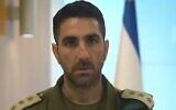 Le colonel Elad Goren, responsable du COGAT, s'exprime dans une déclaration vidéo le 18 octobre 2023. (Crédit : Capture d'écran/Armée israélienne)
