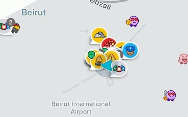 L'application de navigation Waze a montré aux automobilistes de Tel Aviv qu'ils se trouvaient à Beyrouth le 4 avril 2024. (Crédit : Capture d'écran/Times of Israel)