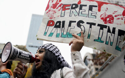 Illustration : Une militante anti-Israël brandissant une pancarte « Free Palestine » lors d'un rassemblement à Seattle, dans l'État de Washington, le 21 octobre 2023. (Crédit : Lindsey Wasson/AP)