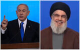 Le président du Likud,  Benjamin Netanyahu, à gauche, parle à ses partisans lors d'une soirée électorale à Jérusalem, le 2 novembre 2022. Le secrétaire-général du Hezbollah, Hassan Nasrallah, prononce un discours sur la chaîne officielle du parti, al-Manar, le 8 juin 2021. (Crédit : Oren Ziv/AP; Screen capture/ Al-Manar)