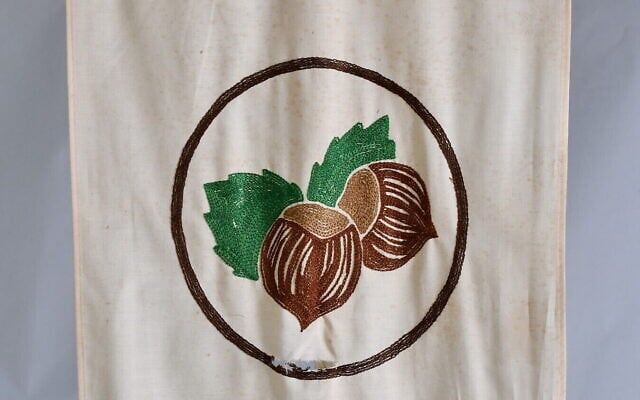 Détail du drapeau d'élèves de CP représentant une noix, récupéré au kibboutz Beeri, dans le sud d'Israël, le 6 décembre 2024. (Crédit : Sarit Uziely)