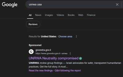 Une publicité payée par le gouvernement détaille les accusations d'implication de l'UNRWA dans le terrorisme après une recherche "UNRWA USA" sur Google, le 27 août 2024. (Capture d'écran : Google/ used in accordance with Clause 27a of the Copyright Law)