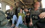 L’otage Farhan al-Qadi secouru de la bande de Gaza, à bord d’un hélicoptère de Tsahal, le 27 août 2024. (Crédit : Armée israélienne)