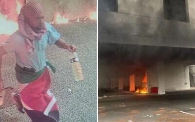 Un suspect de terrorisme (à gauche) filmé par une caméra de surveillance à l'extérieur de la synagogue Beth Yaacov dans la station balnéaire française de La Grande Motte ; des flammes à l'extérieur de la synagogue (à droite), le 24 août 2024. (Crédit : Captures d'écran X ; utilisées conformément à la clause 27a de la loi sur le droit d'auteur)