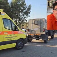 Des secouristes et des soldats de l'armée israélienne sur les lieux d'une attaque terroriste au cours de laquelle un garde civil a été frappé à la tête avec un marteau par un assaillant palestinien, dans la zone industrielle de Bar-On, en Cisjordanie, le 18 août 2024 ; en médaillon : Gideon Peri, qui a été tué dans l'attaque. (Crédit : Magen David Adom ; Autorisation)