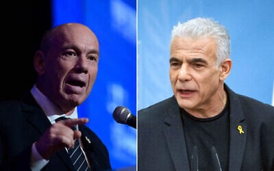 Le contrôleur de l'État Matanyahu Englman (G) lors de la conférence de l'Association du barreau israélien à Tel Aviv, le 3 septembre 2024. (Tomer Neuberg/Flash90) ; Le chef de l'opposition Yair Lapid dirige une réunion de la faction Yesh Atid à la Knesset, Jérusalem, le 4 septembre 2024. (Crédit : Yonatan Sindel/Flash90)
