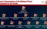 Une infographie de l'armée israélienne montre les commandants des forces Radwan du Hezbollah qui ont été tués lors d'une frappe à Beyrouth, le 20 septembre 2024. (Crédit : Armée israélienne)