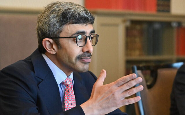 Le ministre des Affaires étrangères des Émirats arabes unis, Abdullah bin Zayed Al Nahyan, lors d'une réunion avec le ministre hongrois des Affaires étrangères et du Commerce (hors champ), à Budapest, le 2 avril 2024. (Crédit : Attila Kisbenedek/AFP)
