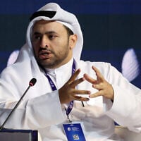 Mohammed Al-Khulaifi, ministre d'État au ministère qatari des Affaires étrangères, lors de la séance d'ouverture du Forum sur la sécurité mondiale à Doha, le 20 mai 2024. (Crédit : Karim Jaafar/AFP)