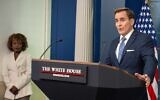 Le porte-parole du Conseil de sécurité  nationale, John Kirby, s'exprimant lors du point-presse quotidien à la Maison Blanche, à Washington, le 18 septembre 2024. (Crédit : Jim Watson/AFP)