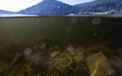 Un cylindre de fer repose au fond du lac de Gerardmer, dans l'Est de la France, le 20 septembre 2024. (Crédit : Olivier MORIN / AFP)