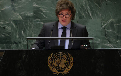 Le président argentin Javier Milei s'exprime lors de la 79e session de l'Assemblée générale des Nations Unies au siège des Nations Unies à New York, le 24 septembre 2024. (Crédit : Charly TRIBALLEAU / AFP)