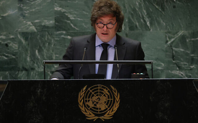 Le président argentin Javier Milei s'exprime lors de la 79e session de l'Assemblée générale des Nations Unies au siège des Nations Unies à New York, le 24 septembre 2024. (Crédit : Charly TRIBALLEAU / AFP) Le président argentin Javier Milei s'exprime lors de la 79e session de l'Assemblée générale des Nations Unies au siège des Nations Unies à New York, le 24 septembre 2024. (Crédit : Charly TRIBALLEAU / AFP)