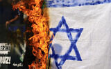 Des manifestants brûlant un drapeau d'Israël improvisé lors d'un rassemblement de protestation contre l’élimination du chef du Hezbollah, Hassan Nasrallah, devant le consulat d'Israël à Istanbul, le 29 septembre 2024. (Crédit : Yasin Akgul/AFP)
