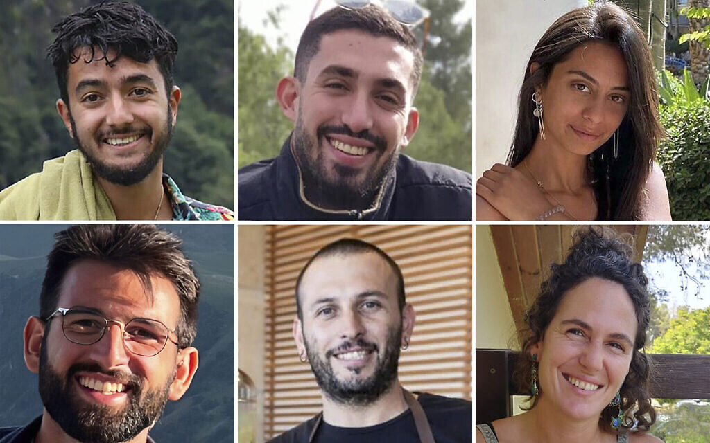 Cette combinaison de six photos non datées des otages, en haut à gauche, Hersh Goldberg-Polin, Ori Danino, Eden Yerushalmi ; en bas à gauche, Almog Sarusi, Alexander Lubnov, et Carmel Gat. (Crédit : Forum des familles des otages et disparus via AP)