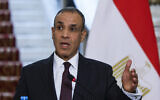 Le Ministre égyptien des Affaires étrangères, Badr Abdelatty, participe à une conférence de presse conjointe avec le secrétaire d'État américain Antony Blinken, non représenté, au palais Tahrir du Caire, en Égypte, mercredi 18 septembre 2024. (Evelyn Hockstein/Pool Photo via AP)
