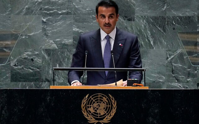 L'émir du Qatar, Cheikh Tamim bin Hamad Al Thani, s'adresse à la 79e session de l'Assemblée générale des Nations unies, le mardi 24 septembre 2024. (Crédit : AP Photo/Richard Drew) L'émir du Qatar, Cheikh Tamim bin Hamad Al Thani, s'adresse à la 79e session de l'Assemblée générale des Nations unies, le mardi 24 septembre 2024. (Crédit : AP Photo/Richard Drew)