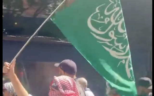 Une femme brandissant hardiment un drapeau du Hamas, à New York, le 3 septembre 2024. (Crédit : Capture d’écran X/Osint613 ; utilisée conformément à l'article 27a de la loi sur le droit d'auteur) Une femme brandissant hardiment un drapeau du Hamas, à New York, le 3 septembre 2024. (Crédit : Capture d’écran X/Osint613 ; utilisée conformément à l'article 27a de la loi sur le droit d'auteur)