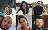 En haut (de gauche à droite) : Hersh Goldberg-Polin, 23 ans, Eden Yerushalmi, 24 ans, Ori Danino, 25 ans. En bas (de gauche à droite) : Alex Lubnov, 32 ans, Carmel Gat, 39 ans, et Almog Sarusi, 25 ans.