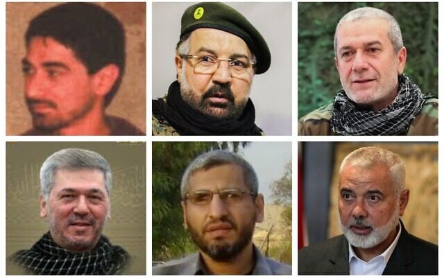 Dans le sens des aiguilles d'une montre, en partant du haut à gauche : Ibrahim Aqil, Fouad Shokor, Mohammed Nasser, Ismaïl Haniyeh, Mohammed Deif, Taleb Abdullah. (Crédit : Département d'État américain ; Bureau des médias du Hezbollah ; Hezbollah ; AP ; Armée israélienne ; Département d'État américain ; Hezbollah) Dans le sens des aiguilles d'une montre, en partant du haut à gauche : Ibrahim Aqil, Fouad Shokor, Mohammed Nasser, Ismaïl Haniyeh, Mohammed Deif, Taleb Abdullah. (Crédit : Département d'État américain ; Bureau des médias du Hezbollah ; Hezbollah ; AP ; Armée israélienne ; Département d'État américain ; Hezbollah)