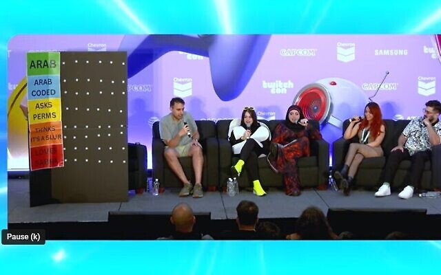 Capture d'écran d'une vidéo Youtube d'un groupe de discussion lors de la conférence de Twitch, au cours de laquelle des streamers ont évalué d'autres streamers en fonction de leur affinité avec les Arabes, septembre 2024. (Capture d'écran utilisée conformément à l'article 27a de la loi sur le droit d'auteur) Capture d'écran d'une vidéo Youtube d'un groupe de discussion lors de la conférence de Twitch, au cours de laquelle des streamers ont évalué d'autres streamers en fonction de leur affinité avec les Arabes, septembre 2024. (Capture d'écran utilisée conformément à l'article 27a de la loi sur le droit d'auteur)