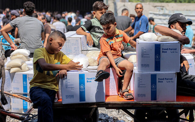 Des garçons assis sur un chariot contenant des colis d'aide humanitaire, dans le centre de la ville de Gaza, le 27 août 2024. (Crédit : Omar Al-Qattaa/AFP) Des garçons assis sur un chariot contenant des colis d'aide humanitaire, dans le centre de la ville de Gaza, le 27 août 2024. (Crédit : Omar Al-Qattaa/AFP)